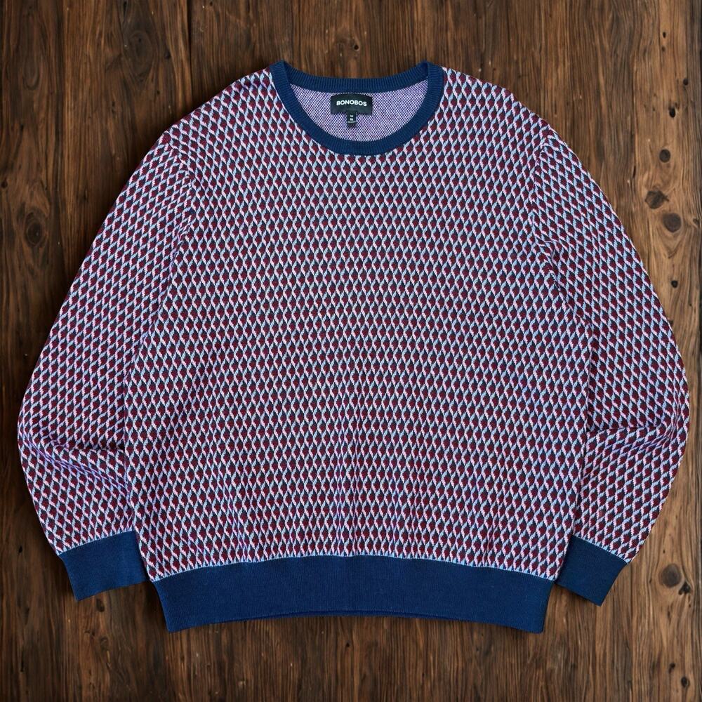 Bonobos Crewneck Sweater Wool Slim 2XL Men Geometric Blue Red Purple Geo Pattern